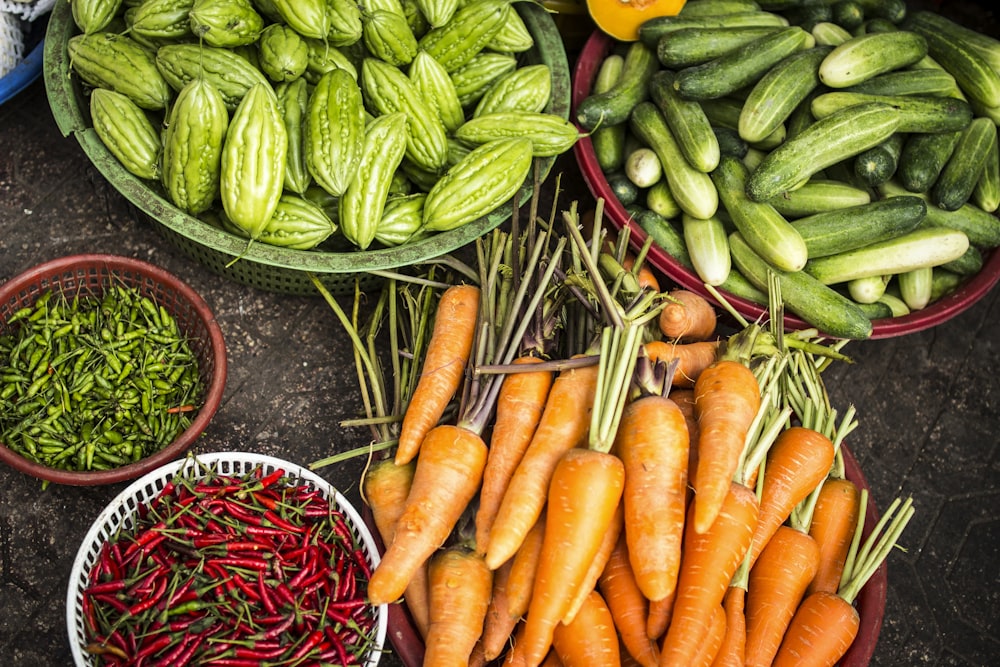 Freshly harvested vegetables in baskets